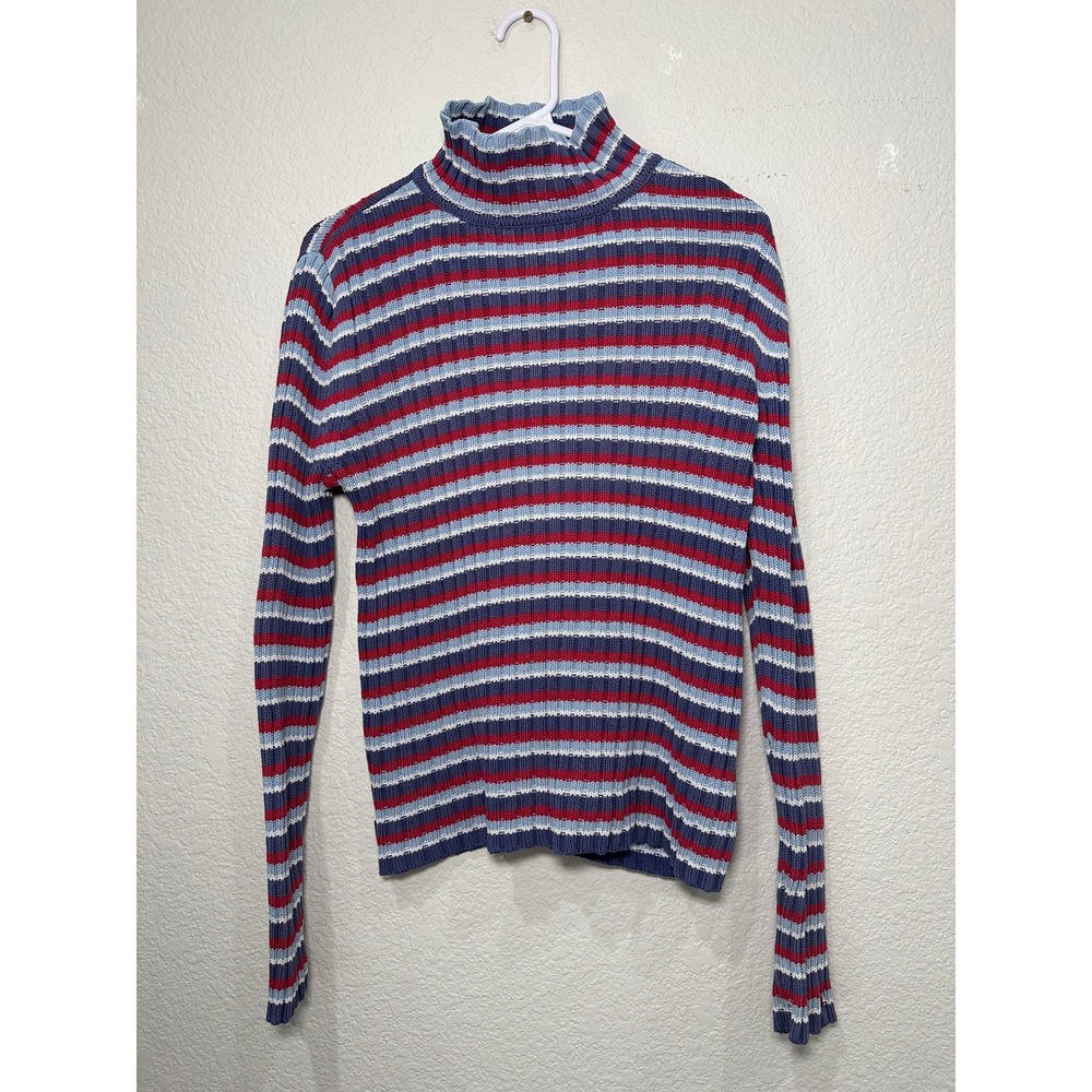 Tommy‎ Hilfiger Jeans Womens L Ribbed Turtleneck Sweater Striped Red Blue Cotton